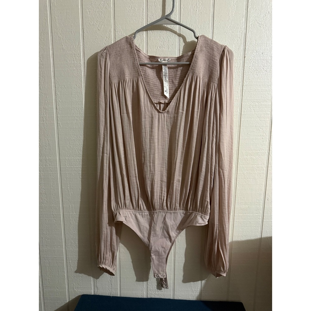 Free People Intimately Smocked V-Neck Long Sleeve Bodice Bodysuit Pink Small